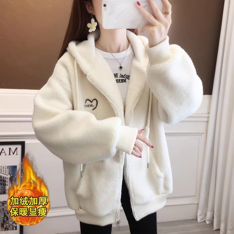 Embroidery Zip Up Hoodie - Love Letter Embroidered Lamb Wool Sweatshirt