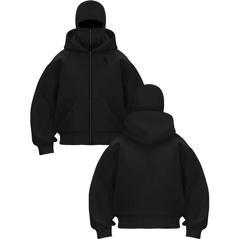 Embroidery Zip Up Hoodie - Balaclava Men Zip Hoodie Winter Warm