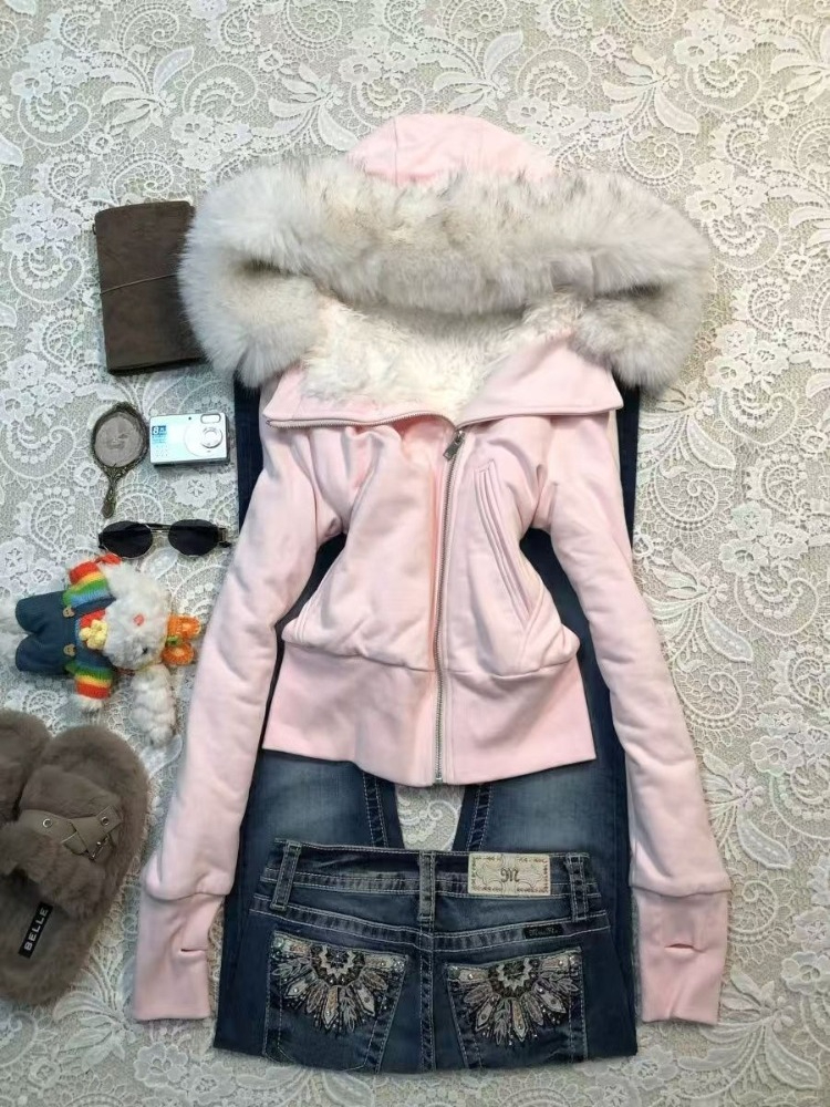 Embroidery Zip Up Hoodie - Aesthetic Vintage Slim Hooded Coat Women