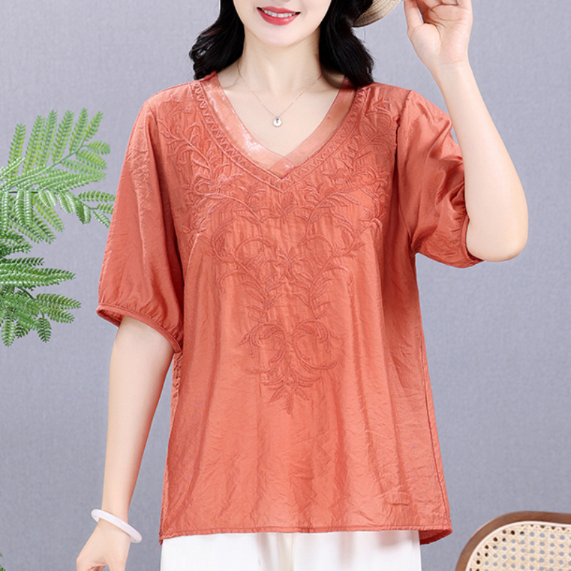 Embroidery Shirt - Summer Elastic Tee Shirt Solid Cotton