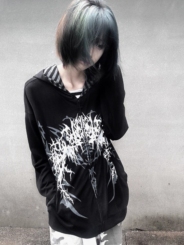 Embroidery Zip Up Hoodie - Subculture Y2k Japanese Hooded Sweatshirt Women