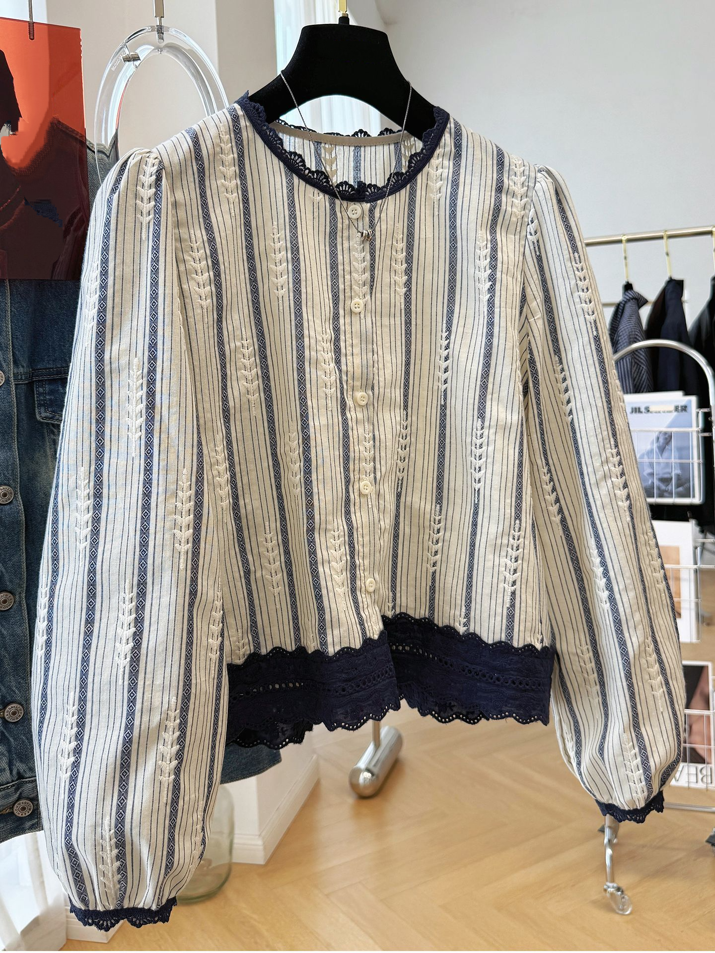 Embroidery Shirt - Women's Striped Lace Trim Blouse, Elegant