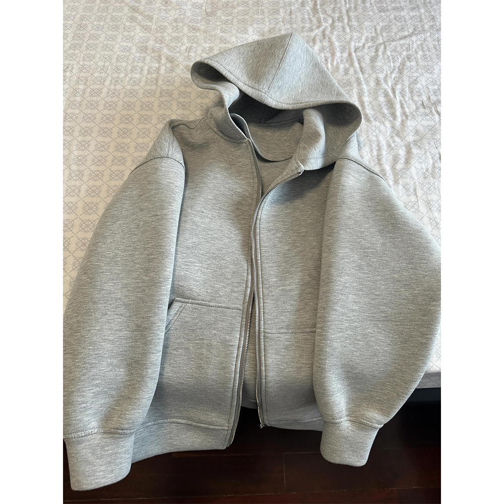 Embroidery Zip Up Hoodie - Women's Grey Hooded Coat Solid Long